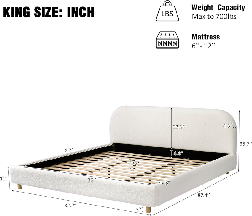 King Size Teddy Fleece Thick Fabric Upholstered Platform Bed with Curved Shaped Headboard, Wood Bed Frame with Solid round Legs for Kids Teens Adults, White