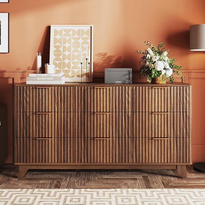 Fluted Dressers Chest of Drawers,57" Fluted Wide Modern Dresser with Metal Handle, Curved Profile Design, Wood Drawer Organizer for Bedroom, Walnut