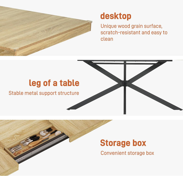 59In-78Inch Extendable Rectangular Dining Table for 6 8 People, Wood Long Dining Room Table W/Removable Leaves,Space Saving,Modern Dinner Table W/Waterproof Tabletop&Metal Legs for Kitchen Living Room
