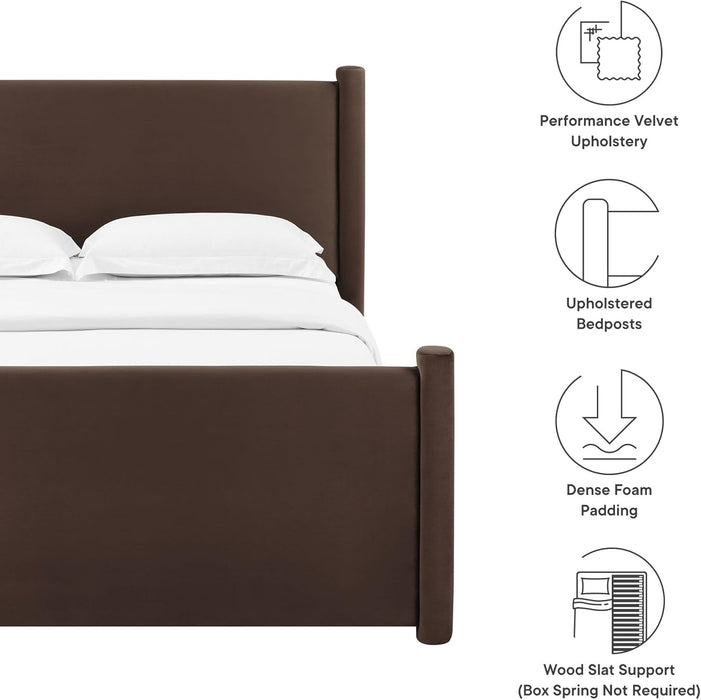Rael Queen Platform Bed Frame with Upholstered Headboard and Footboard in Chocolate Brown – Stain-Resistant Performance Velvet Queen Size Bed with Rounded Posts