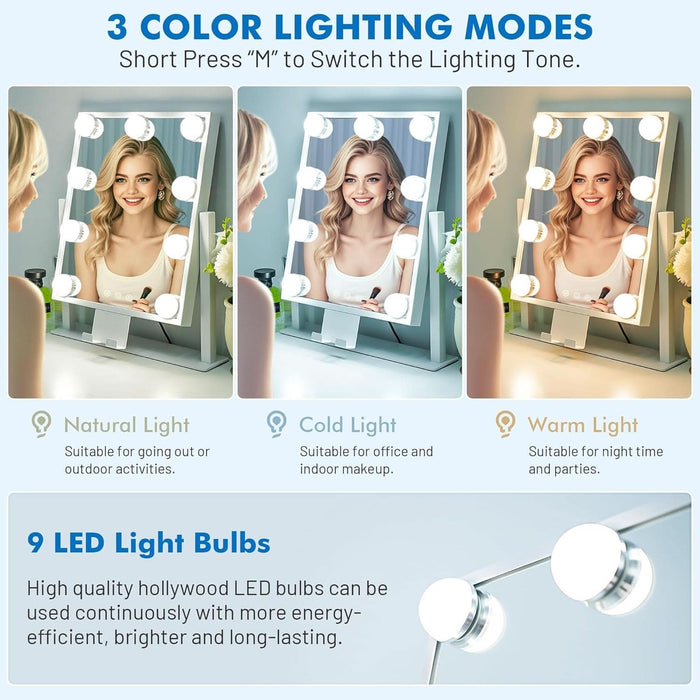Lighted Makeup Mirror, Hollywood Vanity Mirror with Lights, Three Color Modes, with Detachable 10X Zoom Mirror, Smart Touch Control, Metal Frame, 360° Rotation（14.1In,White）