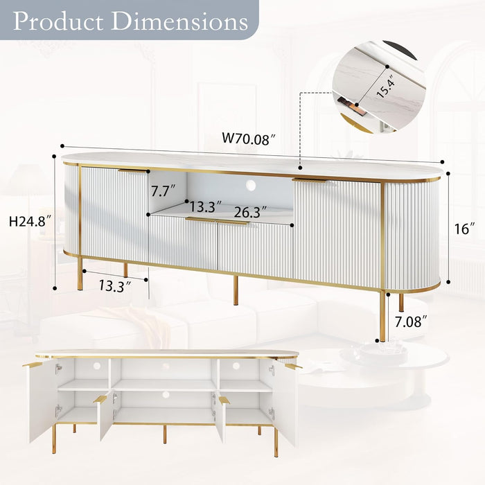 White Fluted TV Stand: 70" Luxury Entertainment Center with Storage for 80 Inch Tvs, Modern TV Consoles for Living Room, Wood Media Console with Faux Marble Top