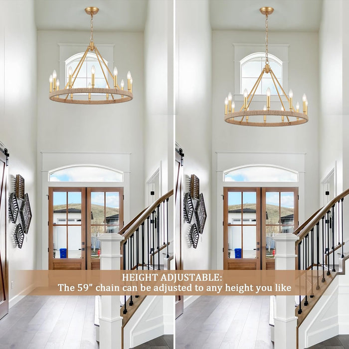 26" Gold Wagon Wheel Chandelier, 12-Light Farmhouse Chandelier for Dining Room, Gold Pendant Light Fixture for High Ceiling Living Room Foyer Entryway