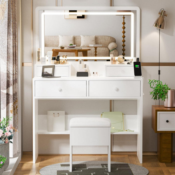 Makeup Vanity Desk with Mirror, Lights and Charging Station, White Vanity with 3 Lighting Modes, Dressing Table Set with 4 Drawers and Storage Chair for Bedroom