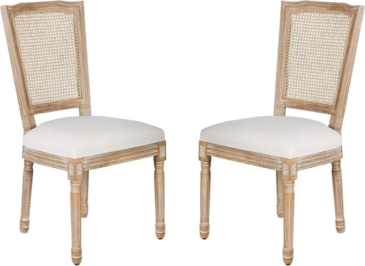 Dining Chairs Set of 2 Beige Rattan Square Back with Solid Wood Legs and Frame for French Country Kitchen Dining Room