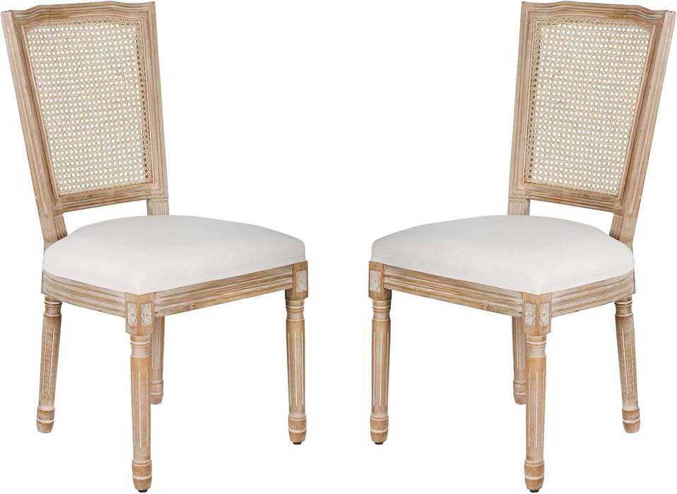 Dining Chairs Set of 2 Beige Rattan Square Back with Solid Wood Legs and Frame for French Country Kitchen Dining Room