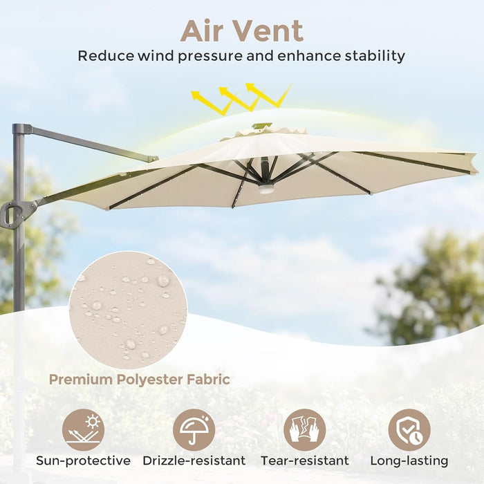 10 FT Solar Patio Umbrella with Base Included, Cantilever Offset Outdoor Umbrella with 35 LED Lights & Center Light, 360° Rotation, Aluminum Pole, 8 Heavy-Duty Ribs for Yard Pool Deck