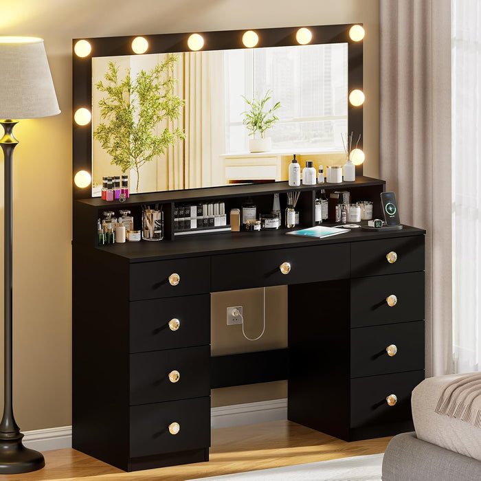 Vanity Desk with Large Mirror and Lights, Makeup Vanity with Power Outlet, 9 Drawers & Shelf Storage, Black Vanity with 3 Lighting Modes, Dressing Vanity Table for Women, Girls, Bedroom