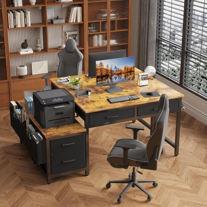 Computer Desk with Fabric File Drawers Cabinet, 57 Inch Home Office Desks with Filing Cabinet Printer Stand for Small Space, Study Writing Table PC Gaming Desks for Bedroom, Brown Black