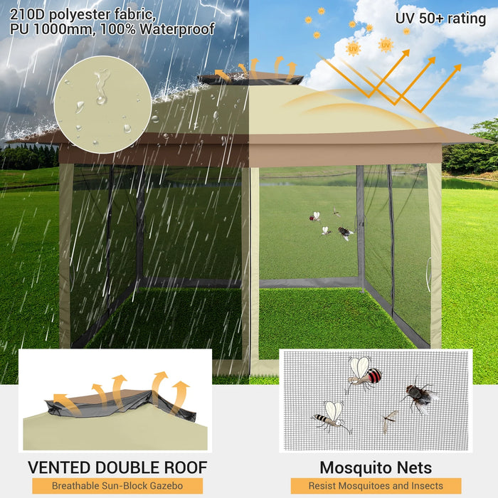 12X12Ft Outdoor Gazebo Pop up Gazebo with Mosquito Netting, Instant Patio Canopy Tent for Shade and Rain, 2 Tiered Vente Gazebo Canopy UPF 50+ for Garden Backyard with Carry Bag&4 Sandbags