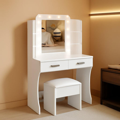 Vanity Desk Set with Mirror, LED Lights and Power Outlet Makeup Table with 2 Large Drawers and round Holder, Dressing Table with Cushioned Stool for Bedroom, Dressing Room (White)