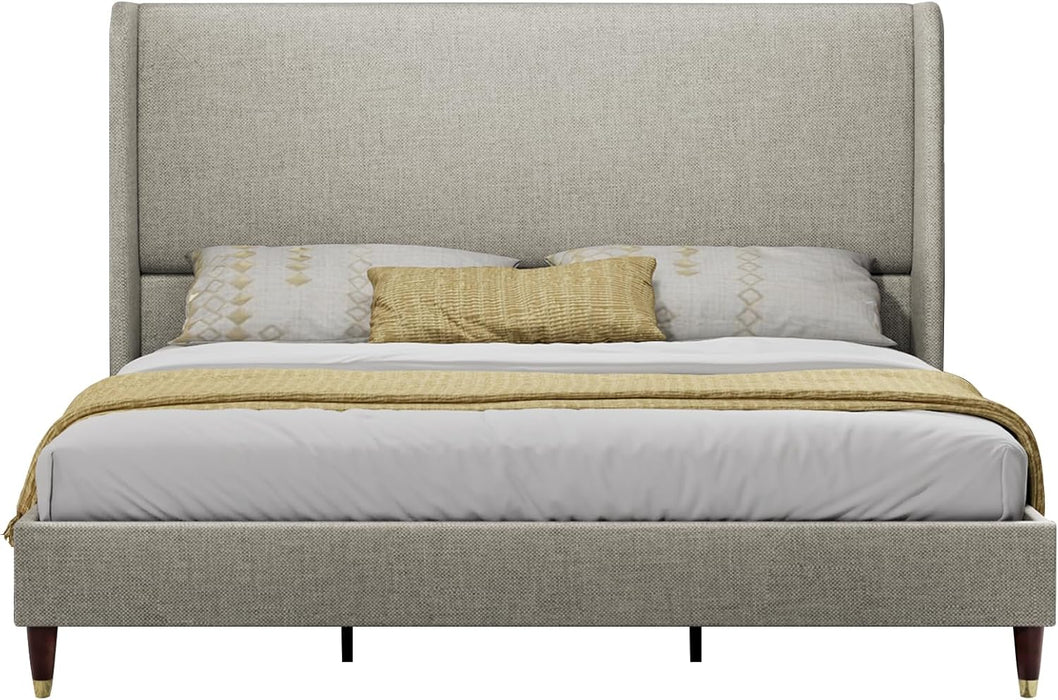 King Size Bed Frame with 51.2" Wingback Headboard, Upholstered Modern Tall Platform Beds, Solid Wood Legs, Easy Assembly, No Box Spring Needed, Soft Linen Bedroom Furniture, Light Khaki