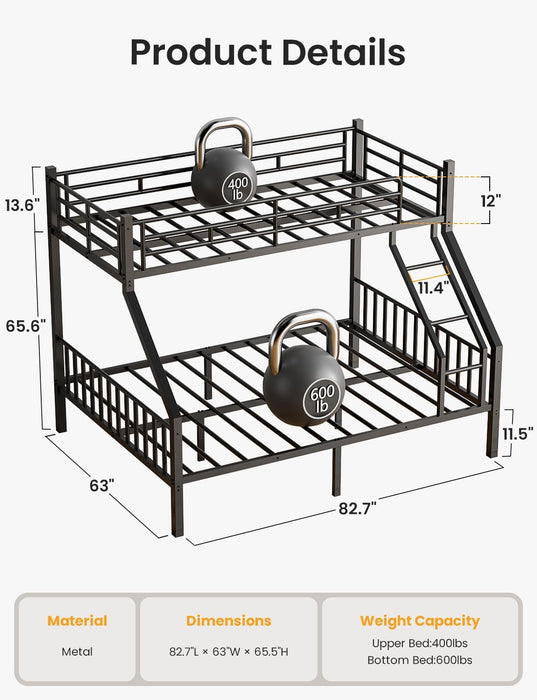 Twin XL over Queen Bunk Bed for Adults, Heavy Duty Metal Bunk Beds with Safety Guardrails & EVA Padded Ladder, Twin XL over Queen Bunk Beds Frame with Noise-Free Slats, Space-Saving(Black)