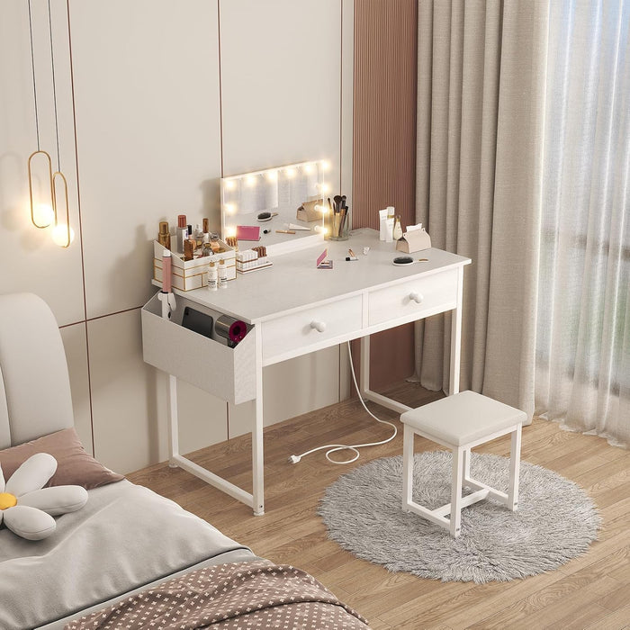 White Makeup Vanity Desk No Mirror with Chair, Small Vanity Table Set with Fabric Drawers, Power Outlet & Chair without Mirror, Modern Make up Desk for Girls Bedroom