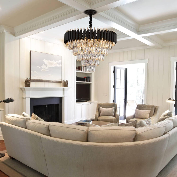 AXILIXI Crystal Chandelier Contemporary, 24" Modern Living Room Chandeliers, K9 Crystal Ceiling Lights Fixtures, round 5 Tiers Pendant Lighting Chandelier Black for Entryway Dining Room Staircase