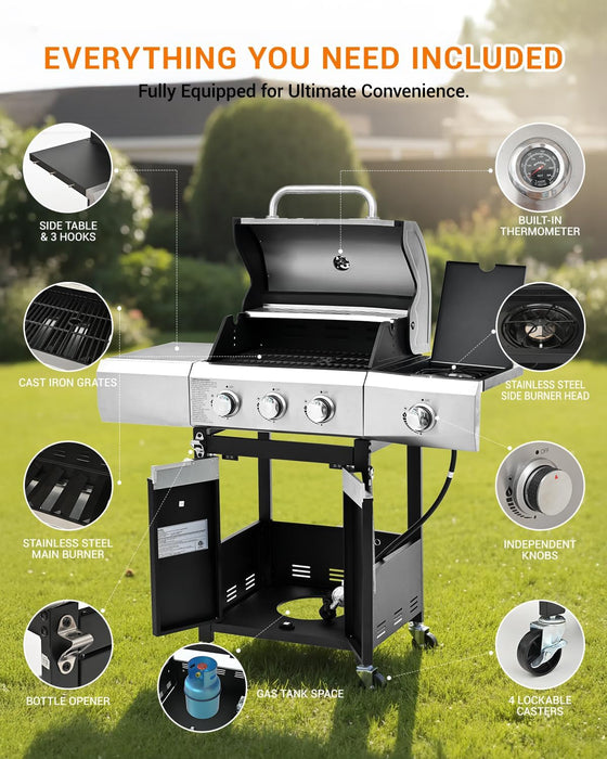 40,500 BTU 3-Burner Propane Gas Grill with Side Burner,Stainless Steel Outdoor BBQ Grill Portable with Wheels and Cast Iron Grates for Patio Garden Barbecue Cooking