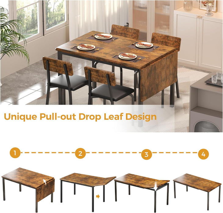 5-Piece 63" Extendable Dining Table with 4 Upholstered Chairs, Kitchen Table Set for 4-8 People, Dining Room Sets with MDF Wood Board, Drop Leaf Table Design for Space Saving, Rustic Brown