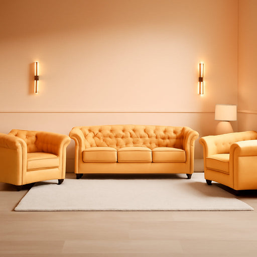 3 Pieces of Living Room Furniture Sofa Sets, Modern Velvet Chesterfield Sofa&Chesterfield Club Chair&Chesterfield Loveseat Sofas Set with Nailhead Trim Scroll Arms for Living Room(Mango)