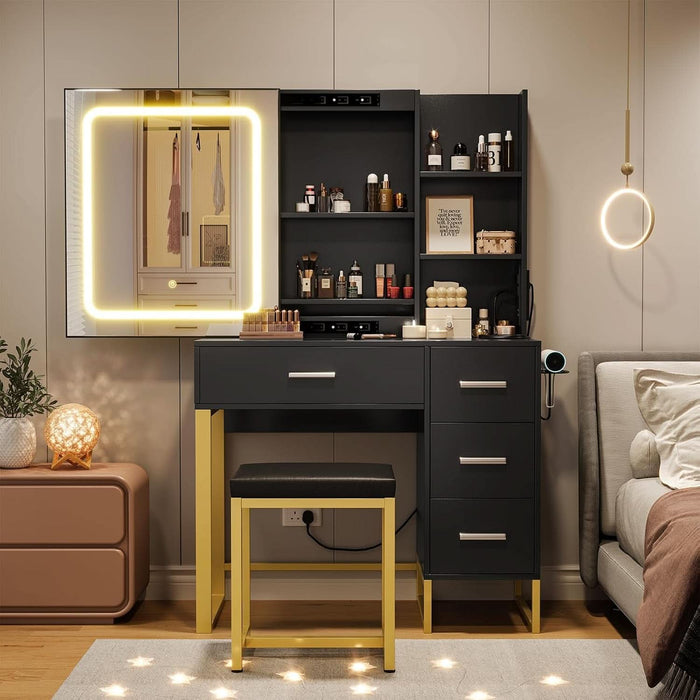 Black Makeup Vanity Desk with Lighted Mirror, 3 Color Modes & Power Outlets, 4 Drawers and 5 Shelves Dressing Table with Cushioned Stool, Modern Vanity Set for Women, Bedroom & Bathroom
