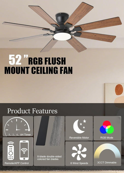 52 Inch Ceiling Fan with Light, 6 Speeds Reversible Low Profile Ceiling Fan with Light and Remote/App Control, 3 Color Temp+Dimmable RGB, 8 Blades, Flush Mount Quiet Ceiling Fans, Brown