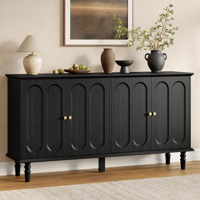 63 Inch Buffet Cabinet with Storage, Arched Sideboard Cabinet with 4 Doors and Adjustable Shelves, Wooden Coffee Bar for Kitchen, Living Room, Entryway, Black