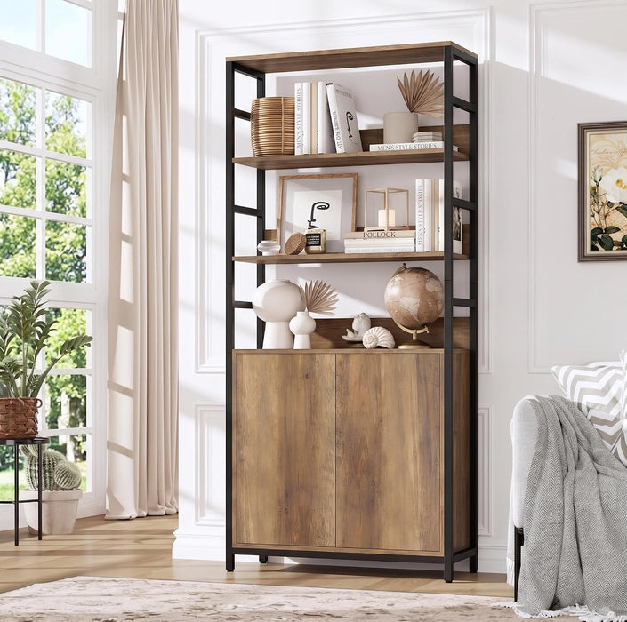 71" Tall Bookshelf with Doors and Adjustable Shelf, Brown | Industrial Display Standing Shelf Rack with 3-Tier Shelves, Bookcase with Protective Rails for Living Room, Office