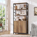 71" Tall Bookshelf with Doors and Adjustable Shelf, Brown | Industrial Display Standing Shelf Rack with 3-Tier Shelves, Bookcase with Protective Rails for Living Room, Office
