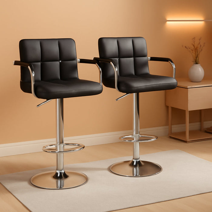 Bar Stools Set of 2, PU Leather Adjustable Swivel Barstools, Hydraulic Kitchen Counter Height Bar Chairs with Armrest and Back for Bar, Kitchen, Dining Room, Black