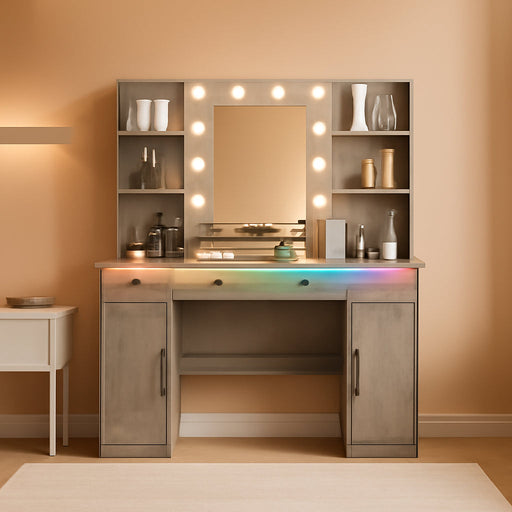 Grey Vanity Desk With Mirror LED BuiltInChargingStation