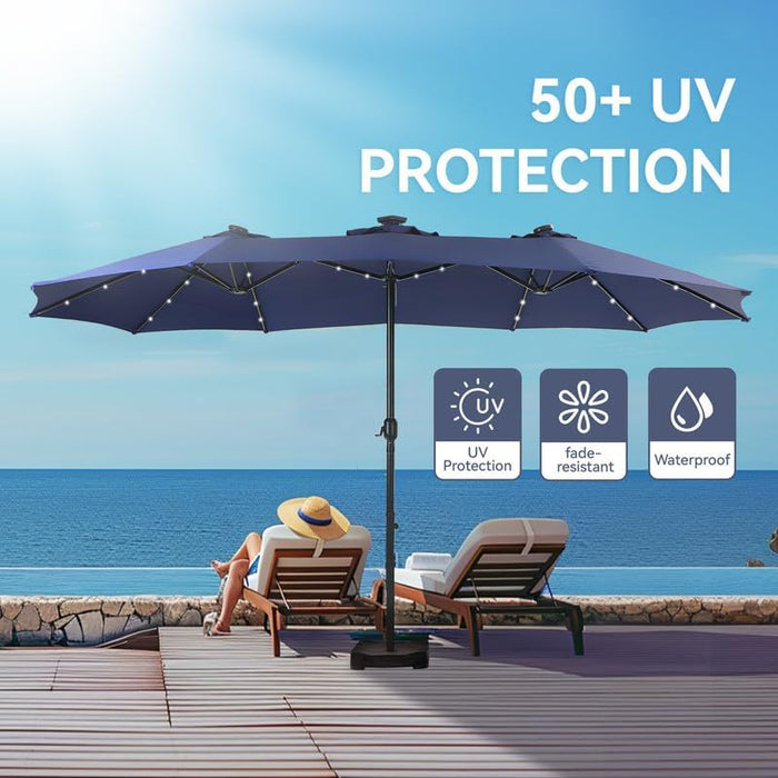 15 Ft Large Outdoor Patio Umbrella with Solar Led Lights & Base Included, Double-Sided Rectangular Table Umbrella with Stand, Market Umbrellas for Deck Poolside Garden Backyard, Navy Blue