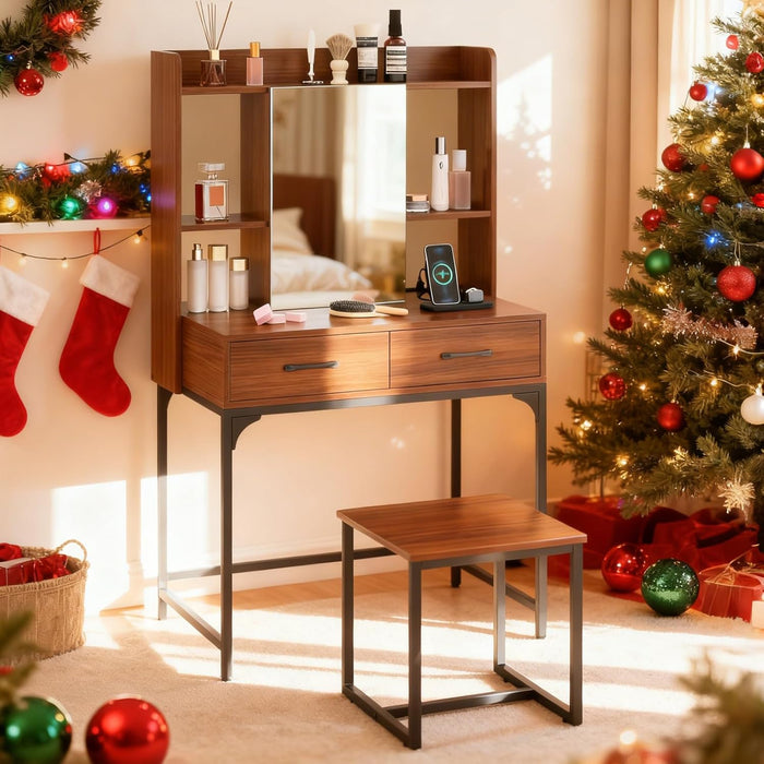 Vanity Desk with Mirror and Stool, Industrial Dressing Table with Power Outlet, 4 Shelves, 2 Storage Drawers, Bedroom Makeup Vanity Set for Women Teens Girls (Walnut)