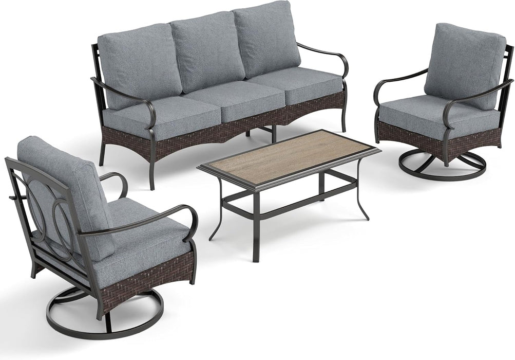 Outdoor Modern Patio Furniture Set, Upgraded Wicker&Metal Patio Furniture Conversation Set with Waterproof Thick Cushions for Porch, Poolside, Deck, and Yard (4 Pieces,Grey)
