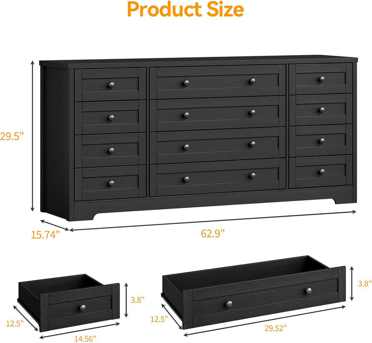 12-Drawer Dresser, Modern Wooden Storage Chest of Drawers, Wide Dresser TV Stand for 65 Inch TV, Large Wood Drawer Organizer for Bedroom, Living Room, Hallway, Black