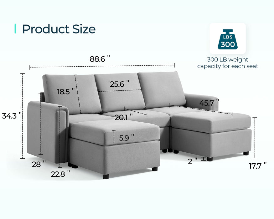 Modular Couches and Sofas Sectional with Storage, 5 Seat Sectional Sofa for Living Room, U Shaped Sectional Couch with Reversible Chaises, Light Gray