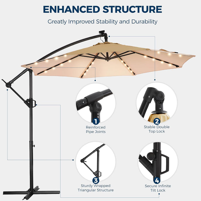 10Ft Solar Lights Offset Cantilever Patio Umbrella - W/Light and Base, LED Lighted Offset Hanging Patio Outdoor Market Umbrella UPF50+ UV Protection with Easy Tilt and Crank (Beige)