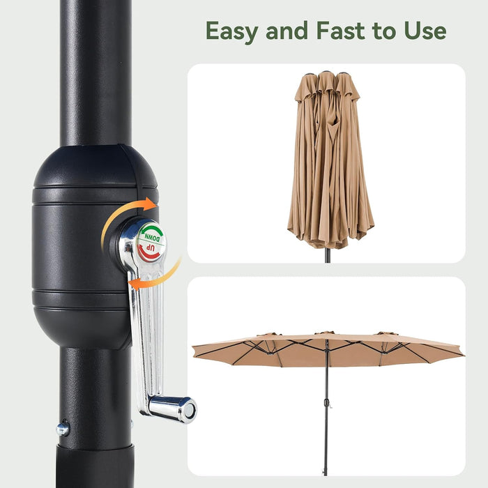 15Ft Patio Umbrella with Base Included, Outdoor Double-Sided Rectangular Umbrella with Crank Handle & Ventilation, Large Standing Umbrella for Pool, Deck, Lawn, Backyard & Beach, Beige