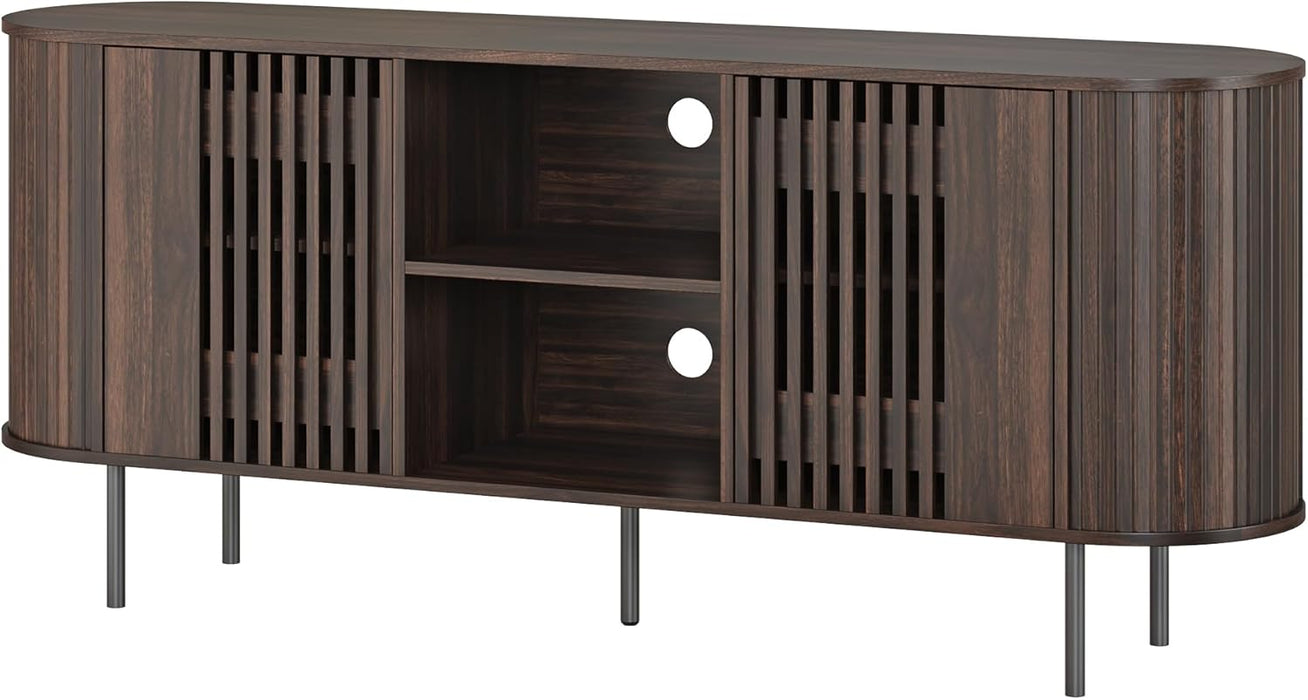 65 Inch TV Stand for Tvs up to 75 Inch, Mid Century Modern Entertainment Center with Storage and Adjustable Shelves, Curved Profile Design,Media Console with Cable Management for Living Room, Brown