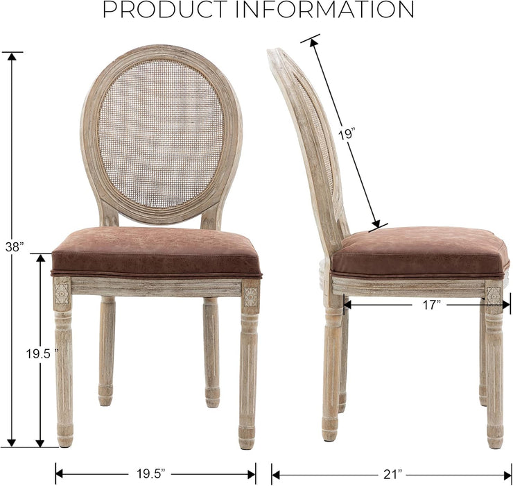 Farmhouse Leather Dining Chairs Set of 2 French Country Kitchen & Dining Room Chairs with round Mesh Rattan Back, Armless Upholstered Cane Kitchen Chairs for Restaurant/Living Room, Brown