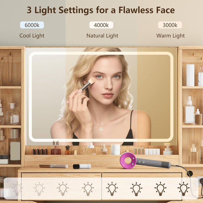 Large 62'' Makeup Vanity Desk with Mirror and Lights,Charging Station | Vanity with 8 Drawers, 6 Shelves, Smart LED Mirror, 3 Light Modes, Charging Hub, Stable Base, Spacious Storage