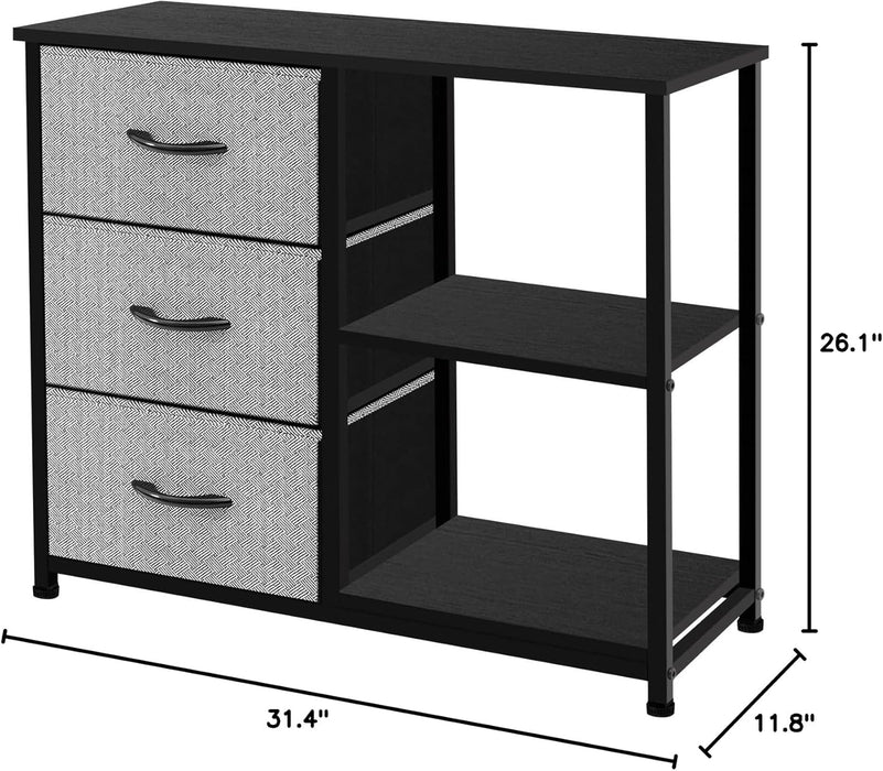 Rustic Brown Fabric Dresser, 4 Drawer Organizer Unit with 2 Shelves, Storage Chest for Bedroom, Entryway, Hallway, Living Room, Office, Grey with Black