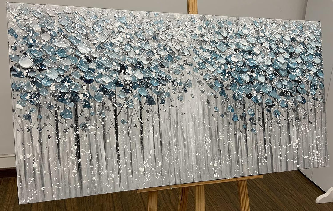 Paintings - 30X60 Inch 3D Oil Paintings on Canvas Blue Forest Heavy Texture Acrylic Painting Wall Art Wall Decoration Wood inside Framed Hanging Ready to Hang