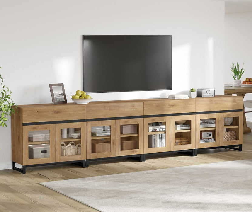 Modern TV Stand with Glass Doors for 120 Inch Tvs, 4 in 1 Entertainment Center Console with 4 Drawers and Metal Base for Living Room, Bedroom, Oak