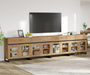 Modern TV Stand with Glass Doors for 120 Inch Tvs, 4 in 1 Entertainment Center Console with 4 Drawers and Metal Base for Living Room, Bedroom, Oak