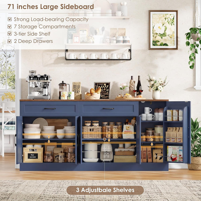 71” Large Sideboard Buffet Cabinet, Farmhouse Coffee Bar Cabinet (Blue)