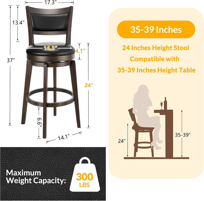 Swivel Bar Stools Set of 2, 24 Inch Counter Height Barstools, Black Faux Leather Bar Stool with High Backrest & Solid Wood Legs & Wrap-Around Footrest, Counter Stools for Kitchen Island, Pub