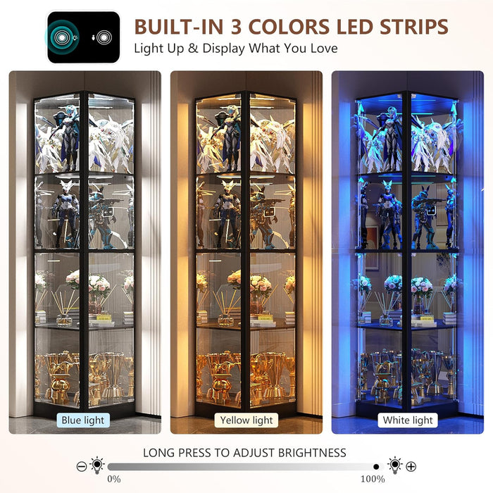 Corner Display Cabinet with Glass Doors, 68" Display Case with LED Lights, 4-Tier Curio Cabinets for Collectibles, Toys, Books, Modern Storage Cabinet, Black