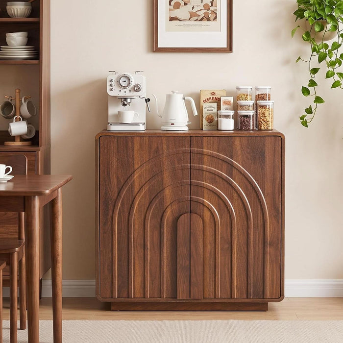 32" Sideboard Buffet Cabinet with Storage, Walnut Modern Cabinet with Arched Wood Door and Adjustable Shelf, Wooden Modular Kitchen Cabinet for Dining& Living Room, Entryway