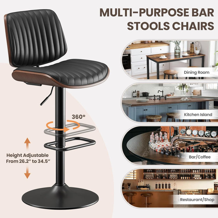 Bar Stools Set of 1, Adjustable Counter Height Bar Chairs 26"-34.5" with Swivel & Footrest, Modern Faux Leather Barstools for Kitchen Island, Dining Room,Pub,Black