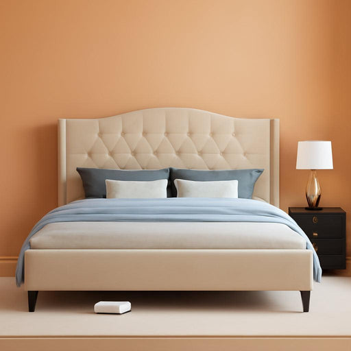 Full Size Bed Frame with Headboard, Luxury Upholstered Velvet Platform Bed with Wingback, Button Tufted & Nailhead Trim, Anti-Slide Tall Footboard, No Box Spring Needed, Noise-Free, Beige