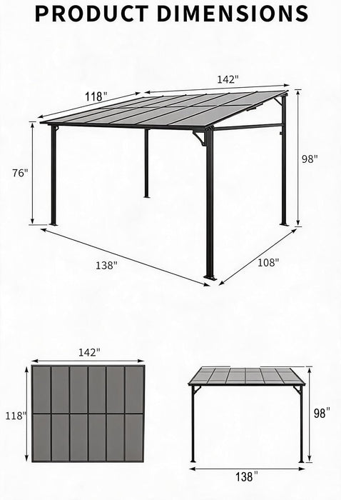 10x12 Lean-To Gazebo Wall-Mounted Polycarbonate Hardtop